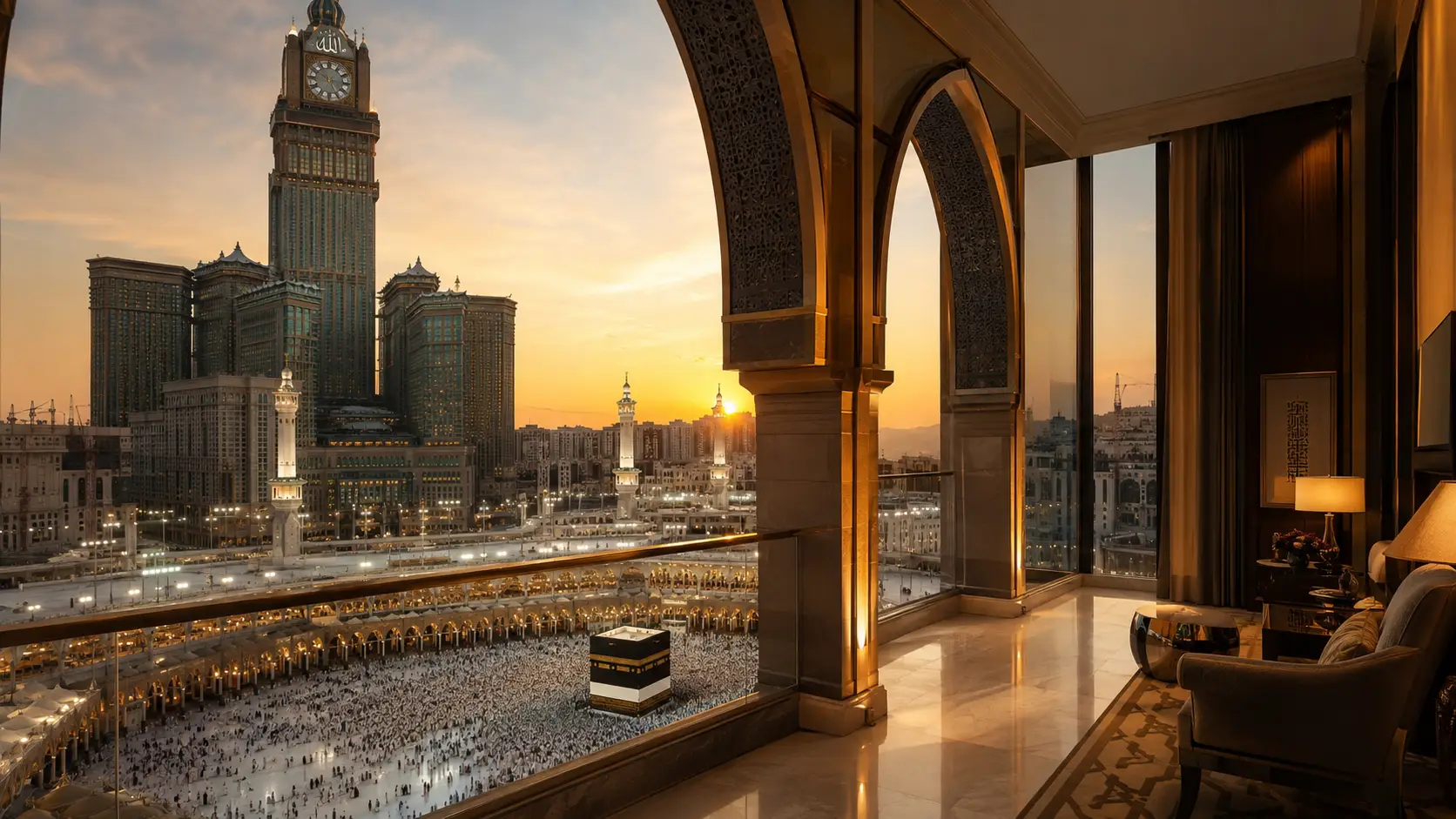 Pemandangan pelataran Masjidil Haram dan hotel bintang 5 depan masjid untuk panduan umroh premium Insan Qolbu