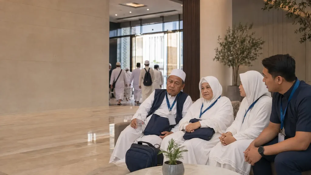 Jamaah bersama keluarga beristirahat selama perjalanan umroh