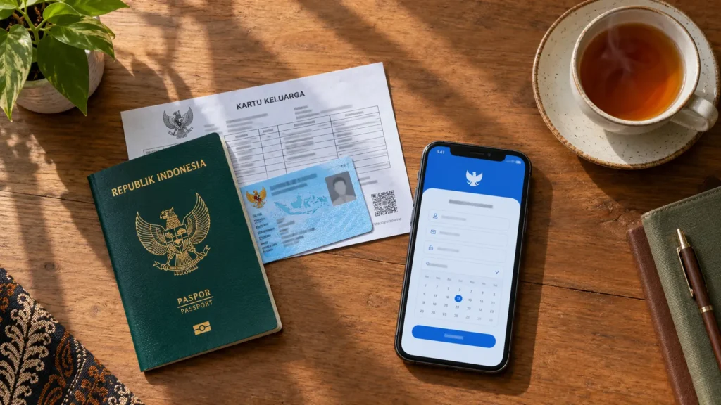 Dokumen paspor umroh bandung dan aplikasi pendaftaran digital di atas meja